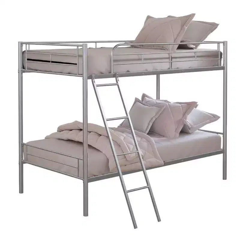 Royal Hampton Twin Over Twin Bunk Bed, Silver Metal Frame, Attached Ladder
