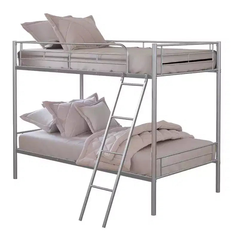 Royal Hampton Twin Over Twin Bunk Bed, Silver Metal Frame, Attached Ladder