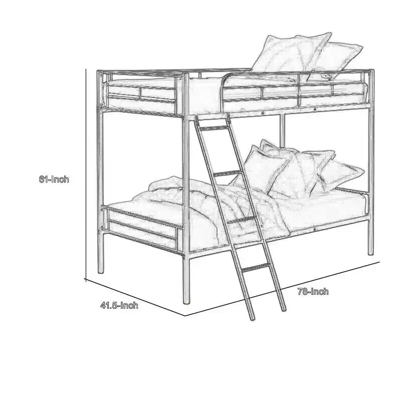 Royal Hampton Twin Over Twin Bunk Bed, Silver Metal Frame, Attached Ladder