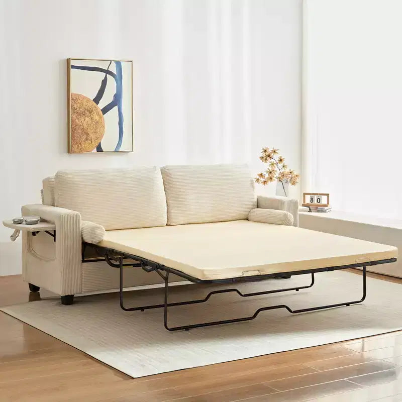 Mjkone Convertible 2-in-1 Pull Out Sleeper Sofa Bed Loveseat with 2 Wing Table and Memory Foam Mattress