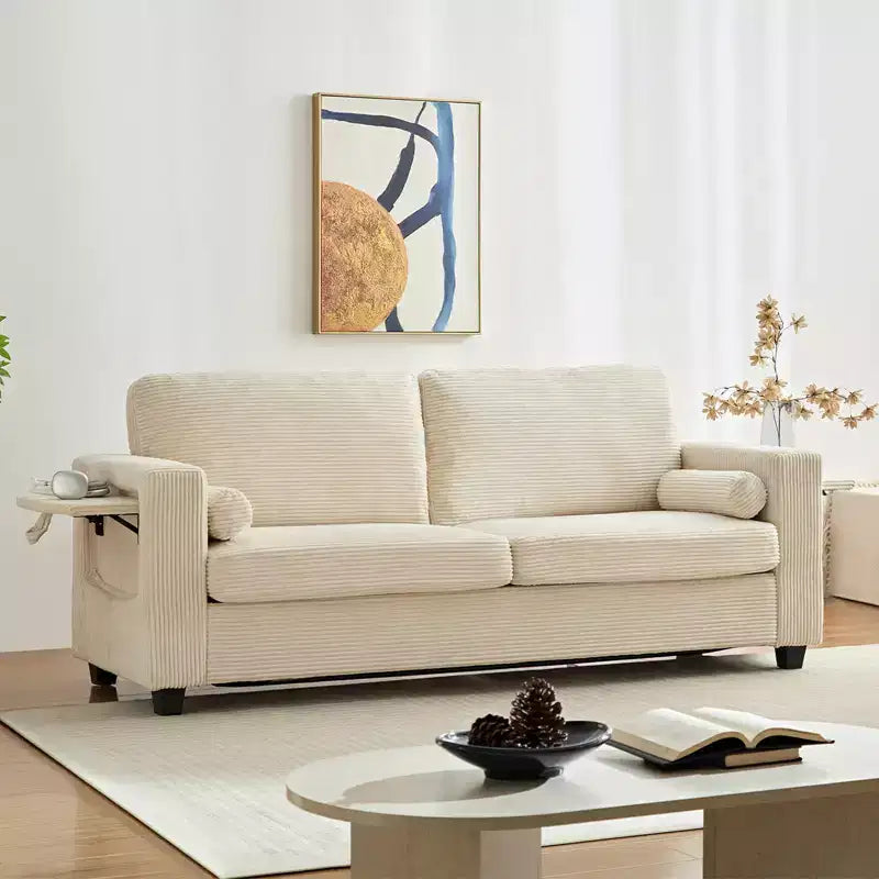 Mjkone Convertible 2-in-1 Pull Out Sleeper Sofa Bed Loveseat with 2 Wing Table and Memory Foam Mattress