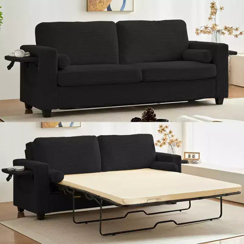 Mjkone Convertible 2-in-1 Pull Out Sleeper Sofa Bed Loveseat with 2 Wing Table and Memory Foam Mattress