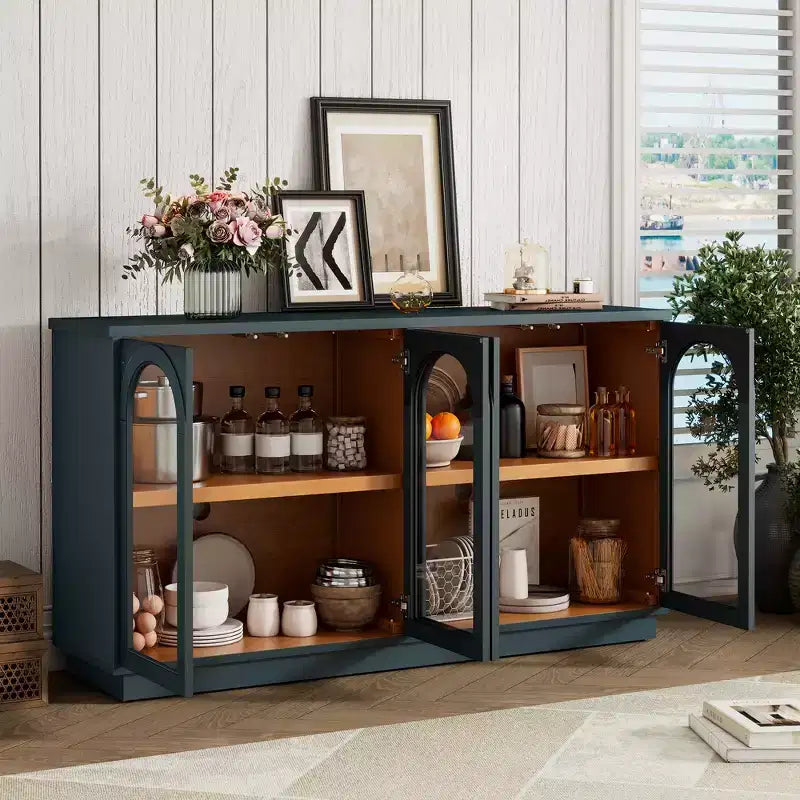 GDFStudio Henley 4-Door Buffet Cabinet with Arched Glass Doors and Adjustable Shelves