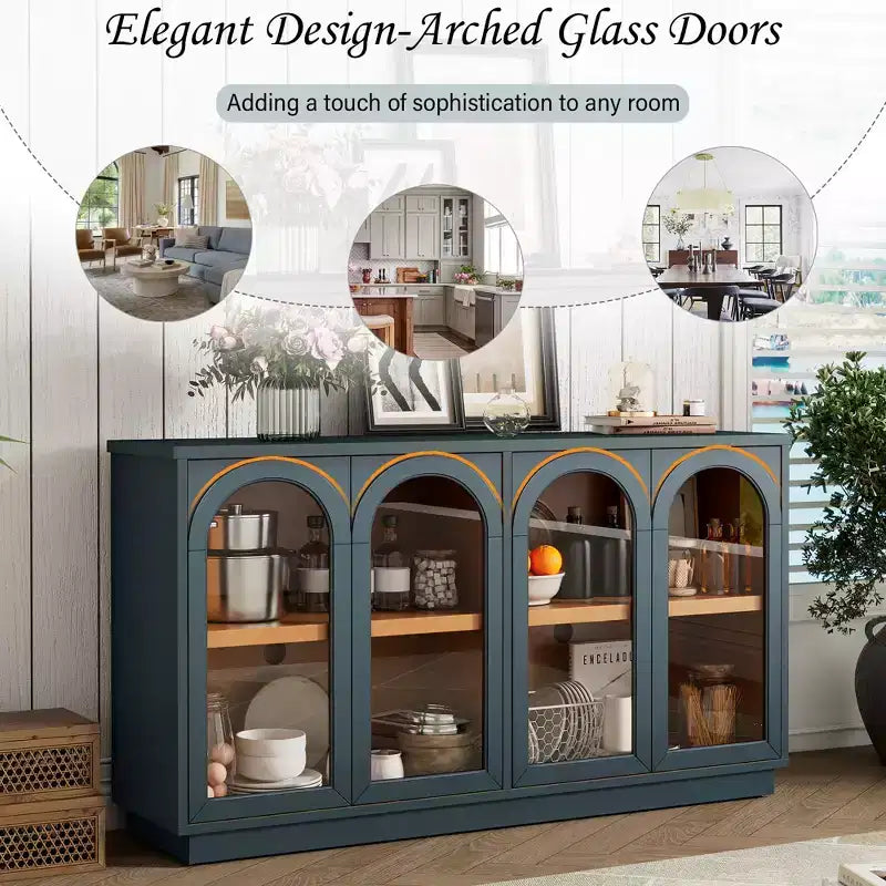 GDFStudio Henley 4-Door Buffet Cabinet with Arched Glass Doors and Adjustable Shelves