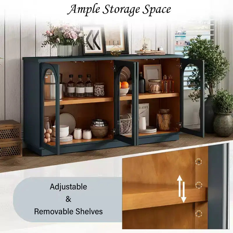 GDFStudio Henley 4-Door Buffet Cabinet with Arched Glass Doors and Adjustable Shelves