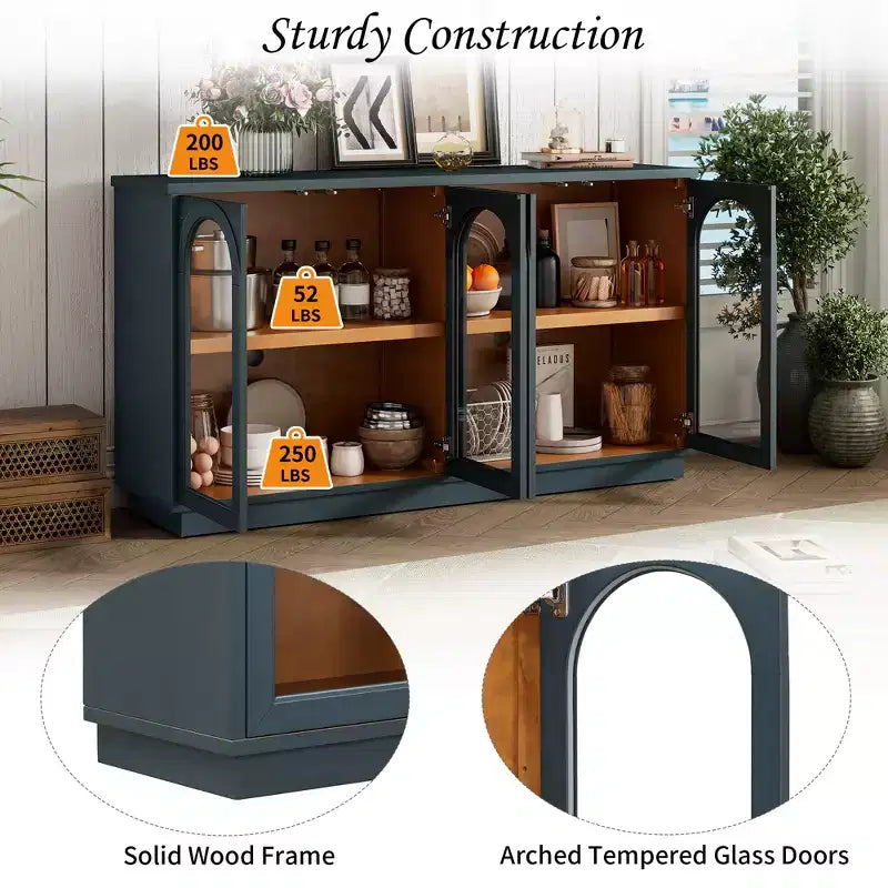 GDFStudio Henley 4-Door Buffet Cabinet with Arched Glass Doors and Adjustable Shelves