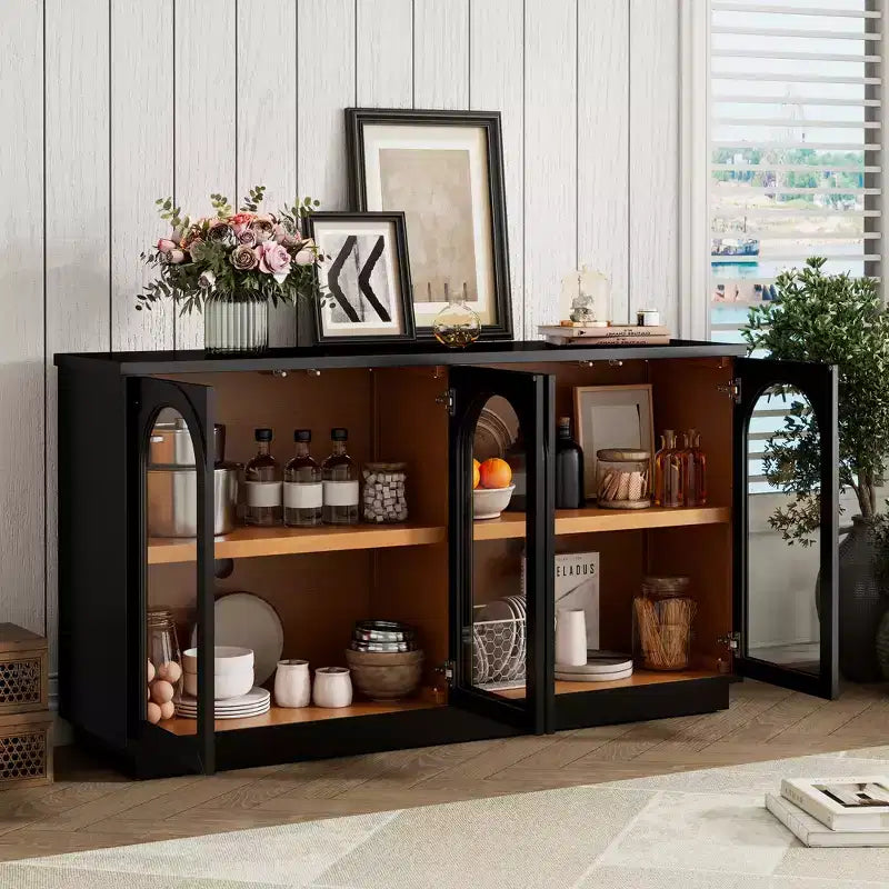 GDFStudio Henley 4-Door Buffet Cabinet with Arched Glass Doors and Adjustable Shelves