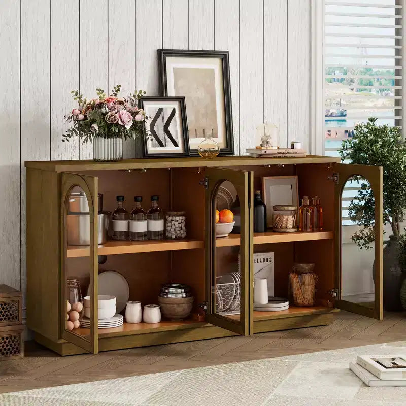 GDFStudio Henley 4-Door Buffet Cabinet with Arched Glass Doors and Adjustable Shelves