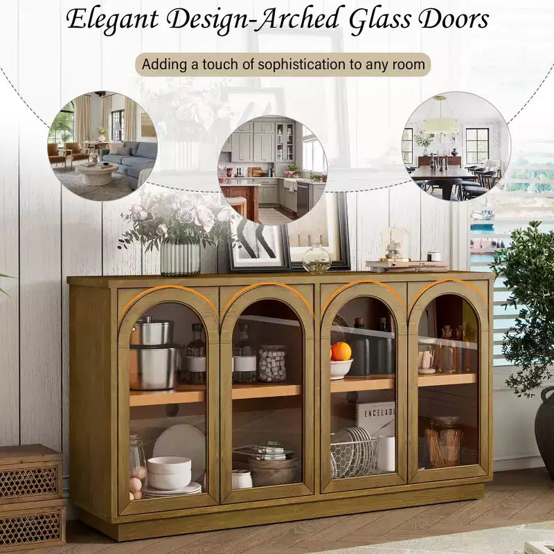 GDFStudio Henley 4-Door Buffet Cabinet with Arched Glass Doors and Adjustable Shelves