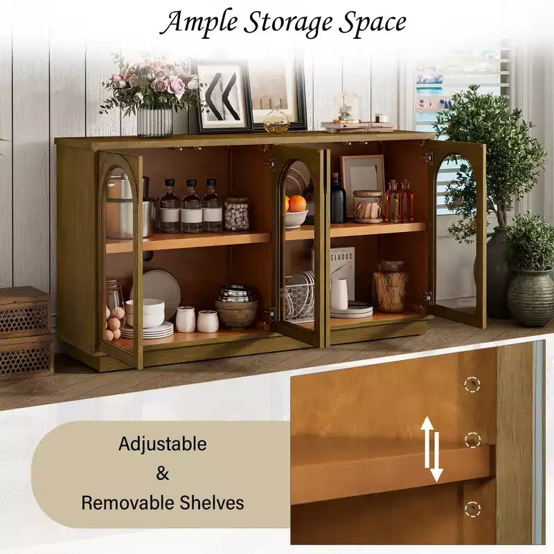 GDFStudio Henley 4-Door Buffet Cabinet with Arched Glass Doors and Adjustable Shelves