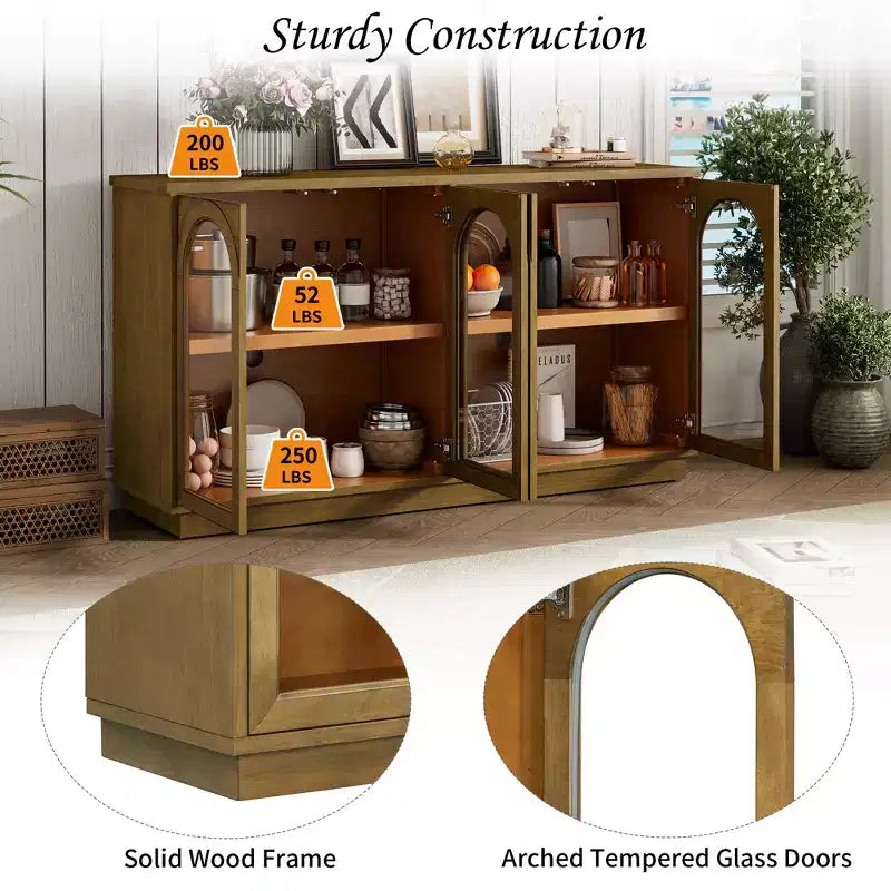 GDFStudio Henley 4-Door Buffet Cabinet with Arched Glass Doors and Adjustable Shelves