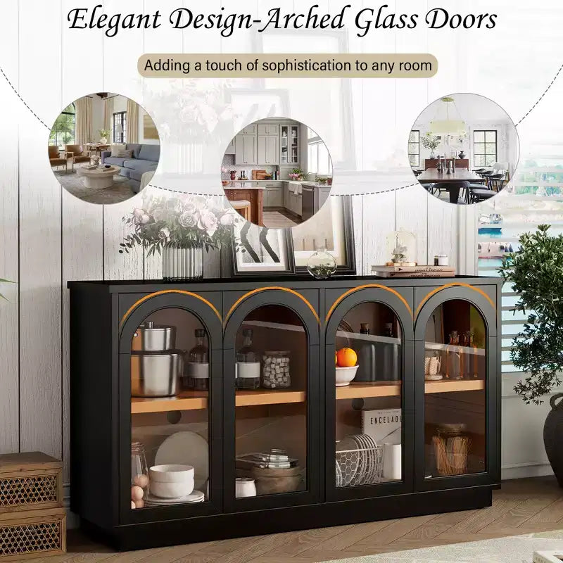 GDFStudio Henley 4-Door Buffet Cabinet with Arched Glass Doors and Adjustable Shelves