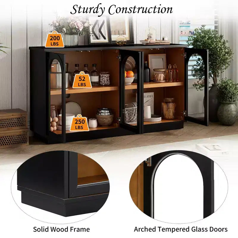 GDFStudio Henley 4-Door Buffet Cabinet with Arched Glass Doors and Adjustable Shelves