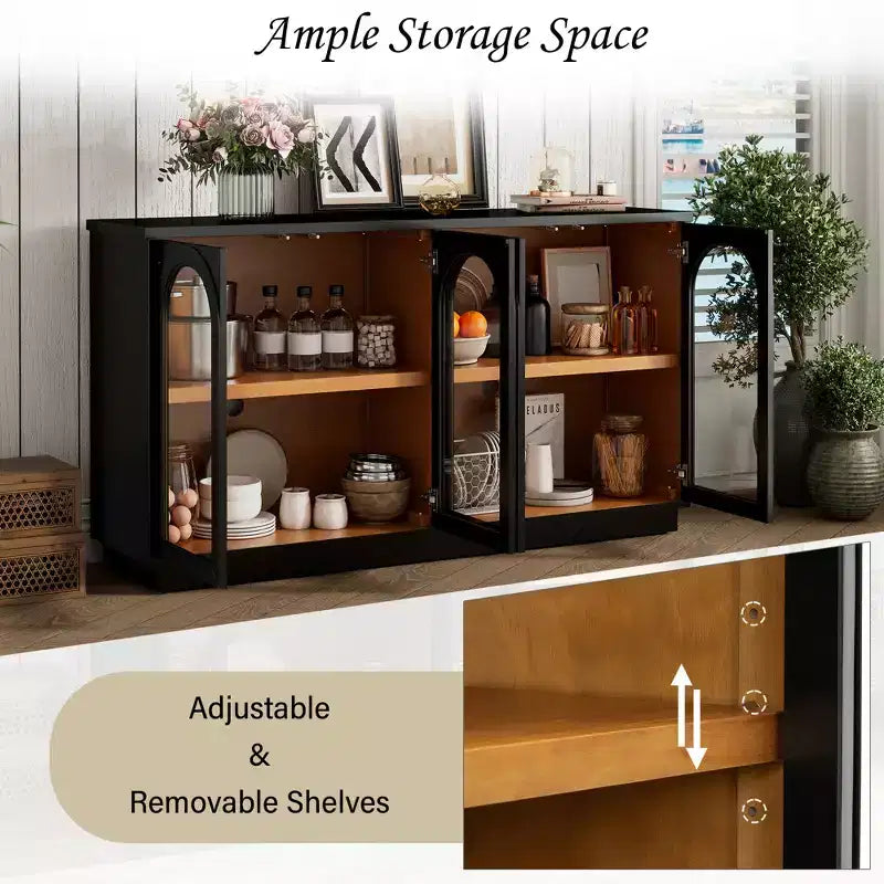 GDFStudio Henley 4-Door Buffet Cabinet with Arched Glass Doors and Adjustable Shelves