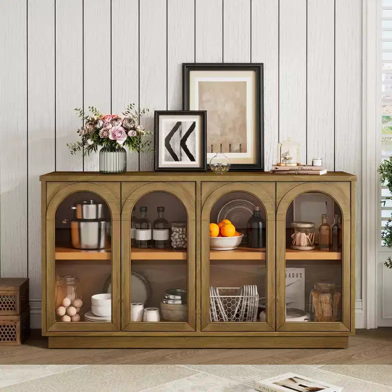 GDFStudio Henley 4-Door Buffet Cabinet with Arched Glass Doors and Adjustable Shelves