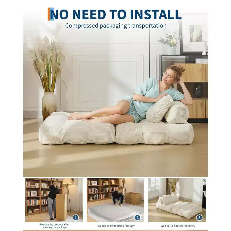 Folding sofa bed, convertible sofa bed with pillows and backrest, comfortable floor sofa/recliner, suitable for living room and bedroom, beige.