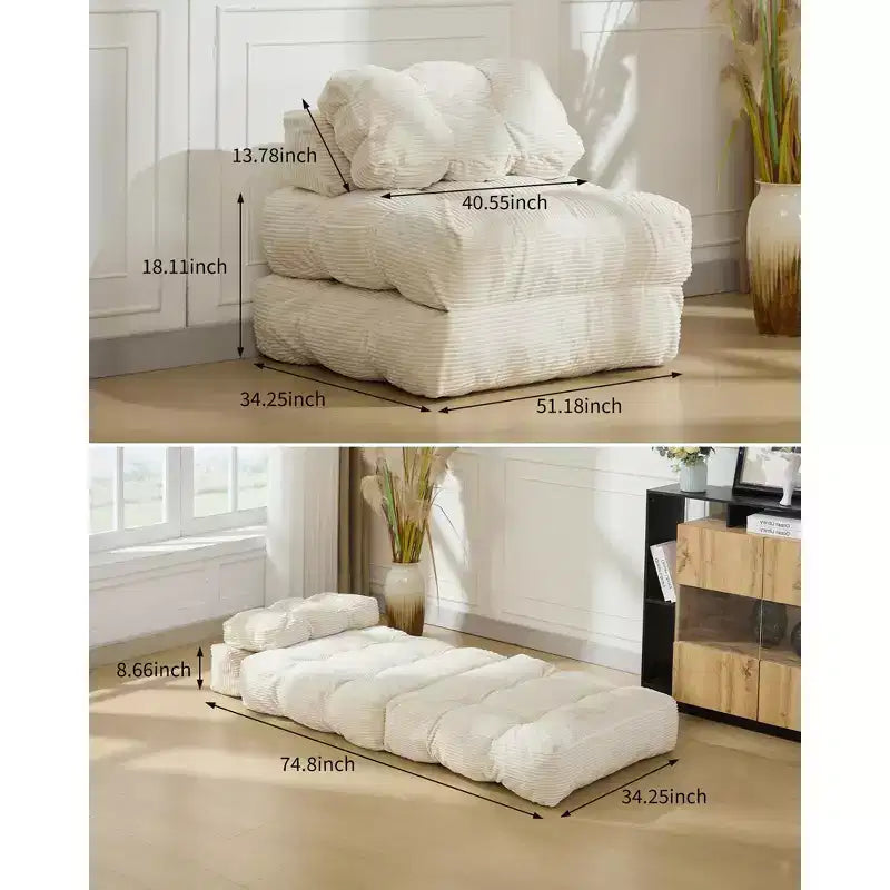 Folding sofa bed, convertible sofa bed with pillows and backrest, comfortable floor sofa/recliner, suitable for living room and bedroom, beige.