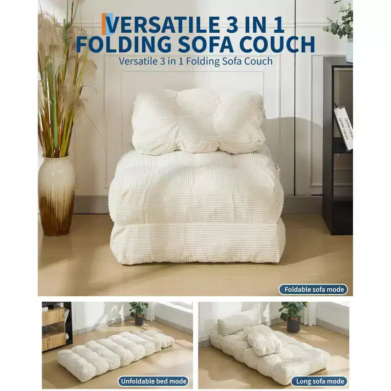Folding sofa bed, convertible sofa bed with pillows and backrest, comfortable floor sofa/recliner, suitable for living room and bedroom, beige.