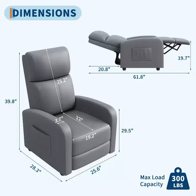 Recliner Chair for Adults, PU Leather Lazy Recliner Ergonomic Adjustable Single Sofa Enhanced with Side Pocket, Tall Back, Wide Arms & Padded Seat