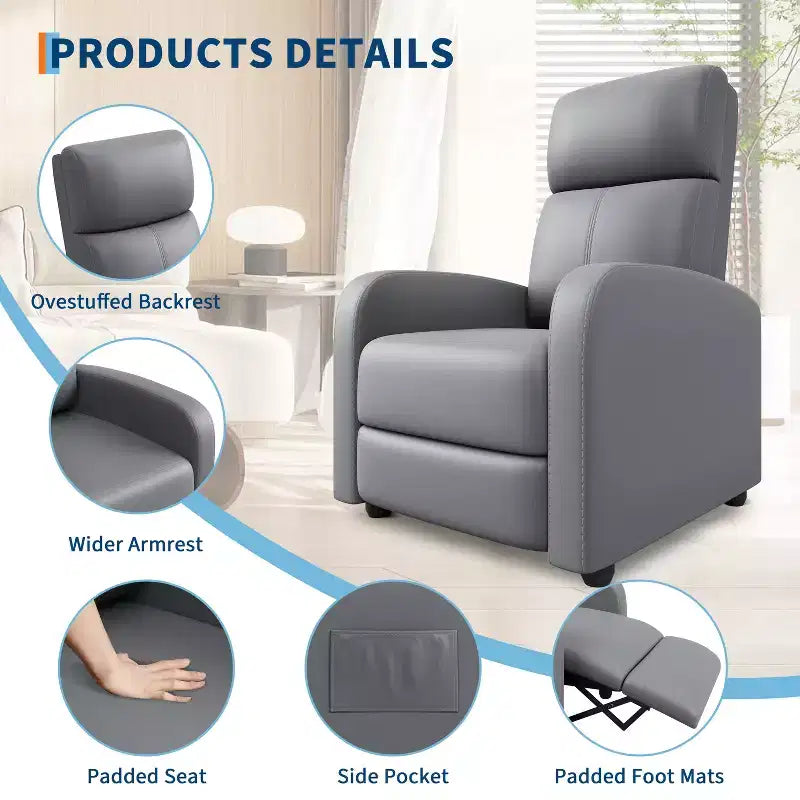 Recliner Chair for Adults, PU Leather Lazy Recliner Ergonomic Adjustable Single Sofa Enhanced with Side Pocket, Tall Back, Wide Arms & Padded Seat