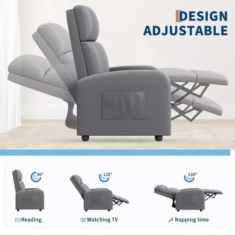 Recliner Chair for Adults, PU Leather Lazy Recliner Ergonomic Adjustable Single Sofa Enhanced with Side Pocket, Tall Back, Wide Arms & Padded Seat