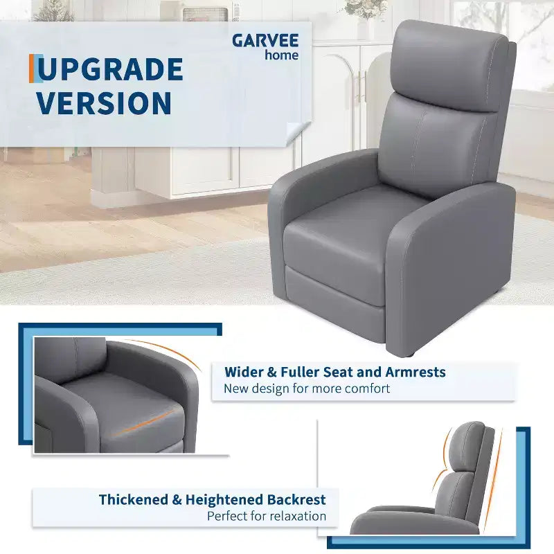Recliner Chair for Adults, PU Leather Lazy Recliner Ergonomic Adjustable Single Sofa Enhanced with Side Pocket, Tall Back, Wide Arms & Padded Seat