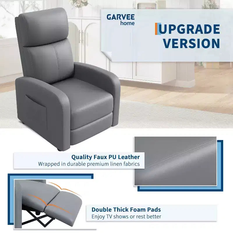 Recliner Chair for Adults, PU Leather Lazy Recliner Ergonomic Adjustable Single Sofa Enhanced with Side Pocket, Tall Back, Wide Arms & Padded Seat