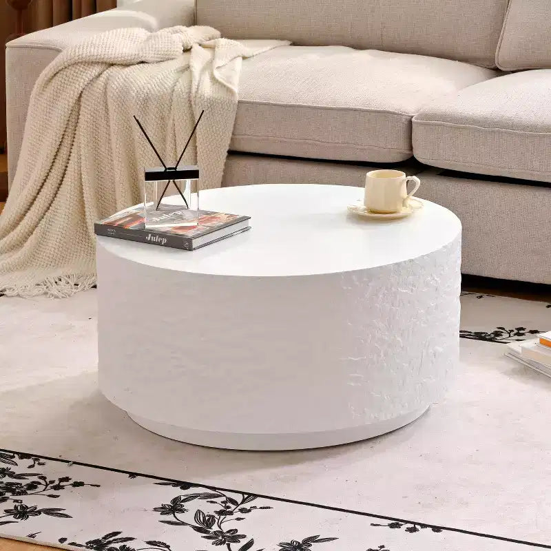 Round Coffee Table Cocktail Table Drum Center Table Sofa Side Table Accent Table with Imitation Stone Design, White, No Assembly Needed - ModernLuxe