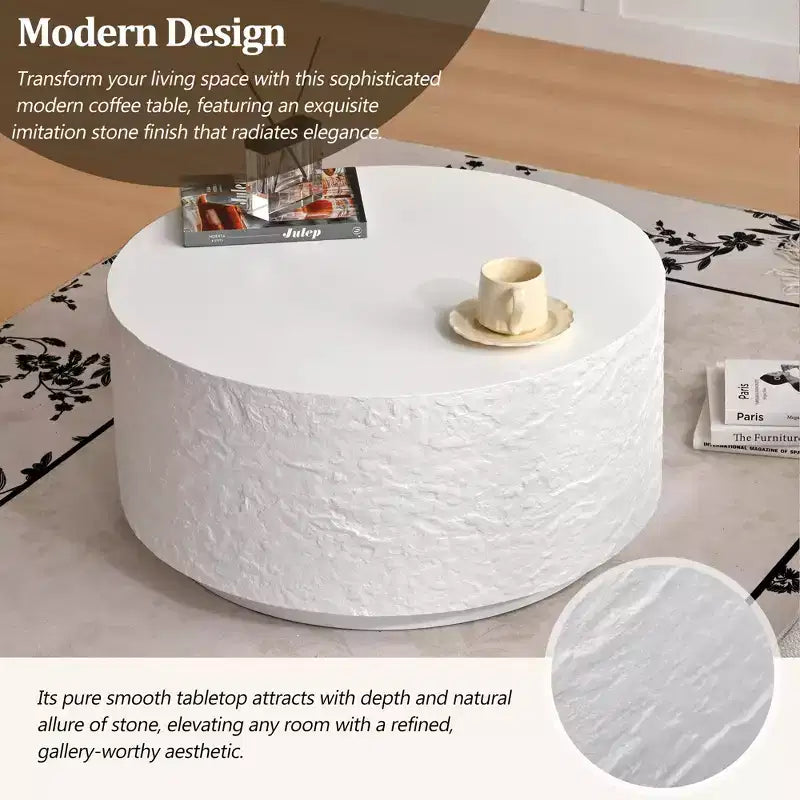Round Coffee Table Cocktail Table Drum Center Table Sofa Side Table Accent Table with Imitation Stone Design, White, No Assembly Needed - ModernLuxe