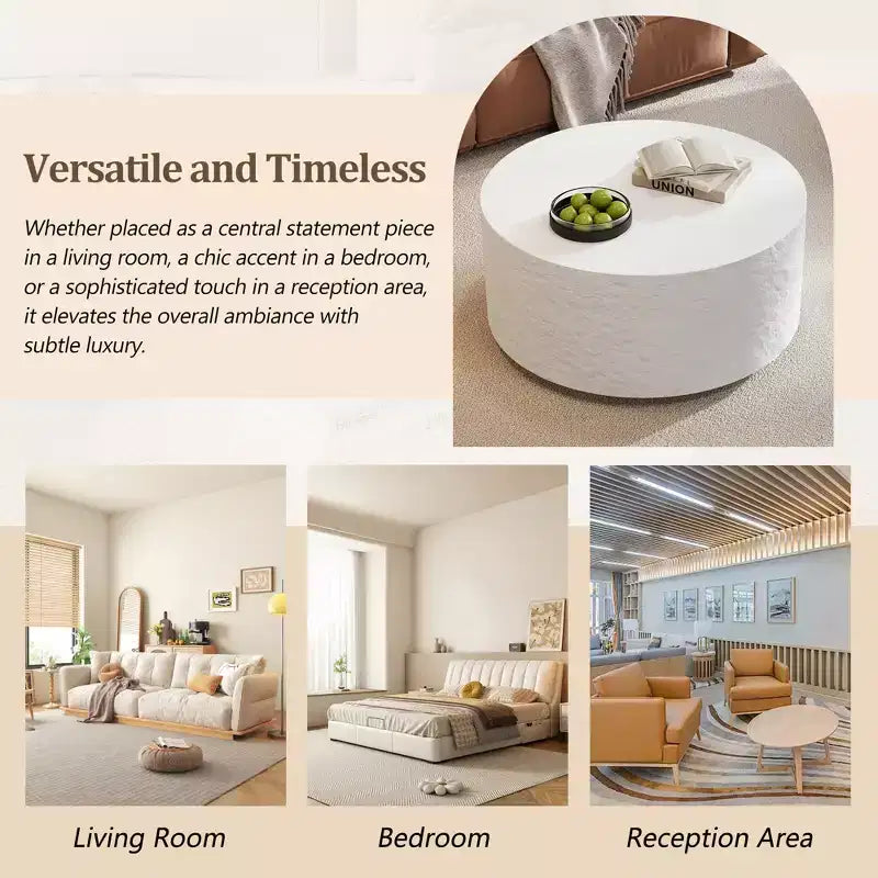 Round Coffee Table Cocktail Table Drum Center Table Sofa Side Table Accent Table with Imitation Stone Design, White, No Assembly Needed - ModernLuxe
