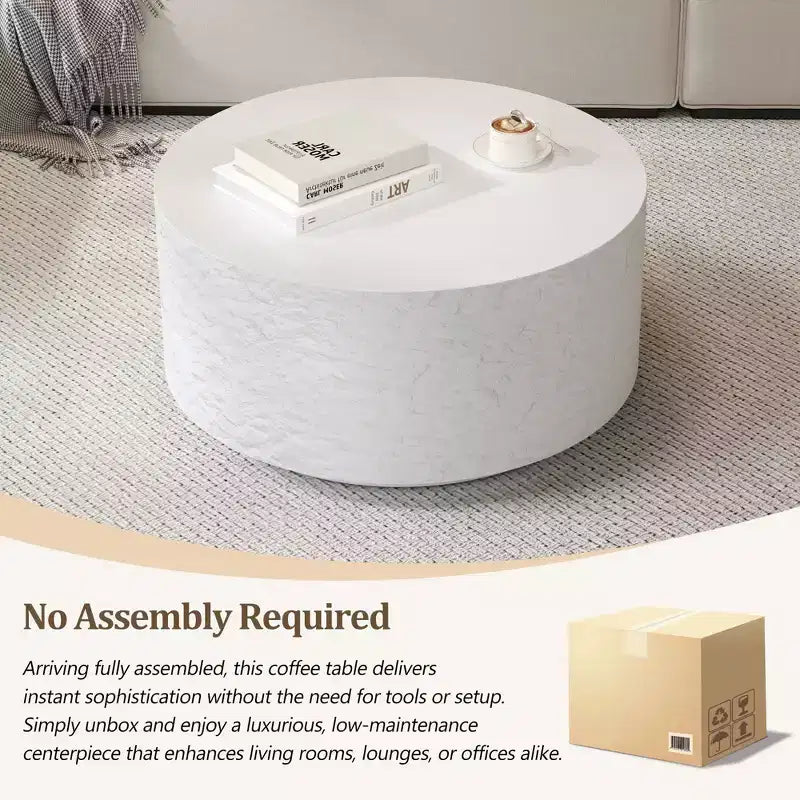 Round Coffee Table Cocktail Table Drum Center Table Sofa Side Table Accent Table with Imitation Stone Design, White, No Assembly Needed - ModernLuxe