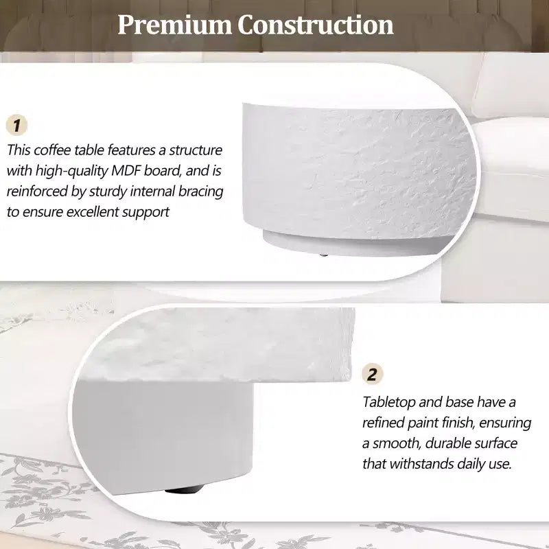 Round Coffee Table Cocktail Table Drum Center Table Sofa Side Table Accent Table with Imitation Stone Design, White, No Assembly Needed - ModernLuxe