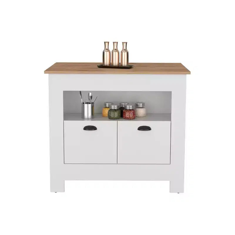 Îlot de cuisine minimaliste Okak avec grand espace de rangement, îlot de cuisine avec 2 portes et 3 étagères, organisateur de comptoir pour salle à manger