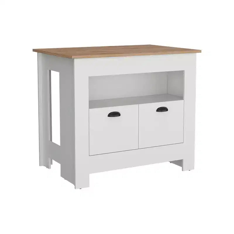 Îlot de cuisine minimaliste Okak avec grand espace de rangement, îlot de cuisine avec 2 portes et 3 étagères, organisateur de comptoir pour salle à manger