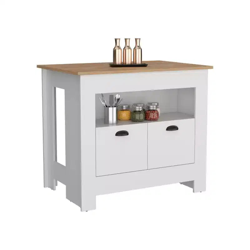 Îlot de cuisine minimaliste Okak avec grand espace de rangement, îlot de cuisine avec 2 portes et 3 étagères, organisateur de comptoir pour salle à manger