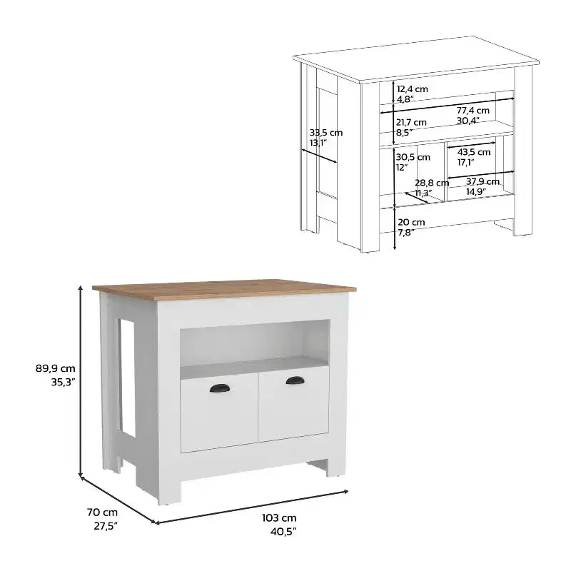 Îlot de cuisine minimaliste Okak avec grand espace de rangement, îlot de cuisine avec 2 portes et 3 étagères, organisateur de comptoir pour salle à manger