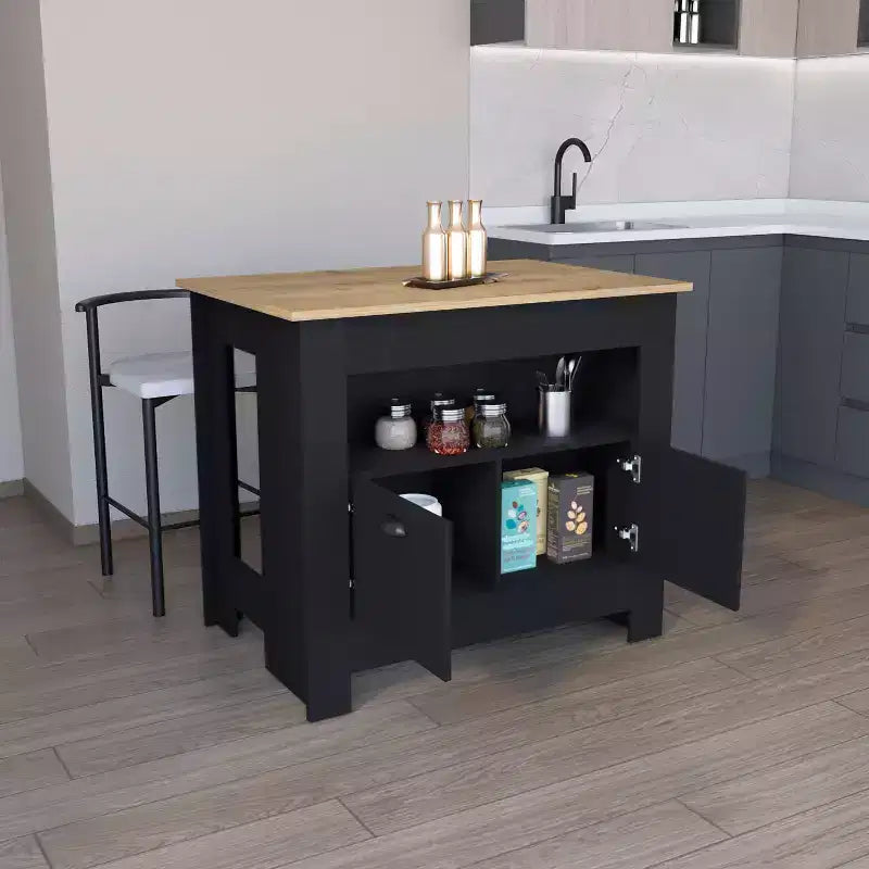 Îlot de cuisine minimaliste Okak avec grand espace de rangement, îlot de cuisine avec 2 portes et 3 étagères, organisateur de comptoir pour salle à manger