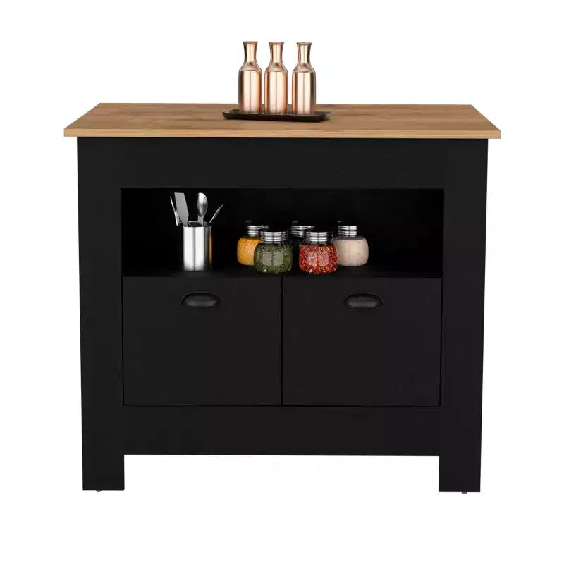 Îlot de cuisine minimaliste Okak avec grand espace de rangement, îlot de cuisine avec 2 portes et 3 étagères, organisateur de comptoir pour salle à manger