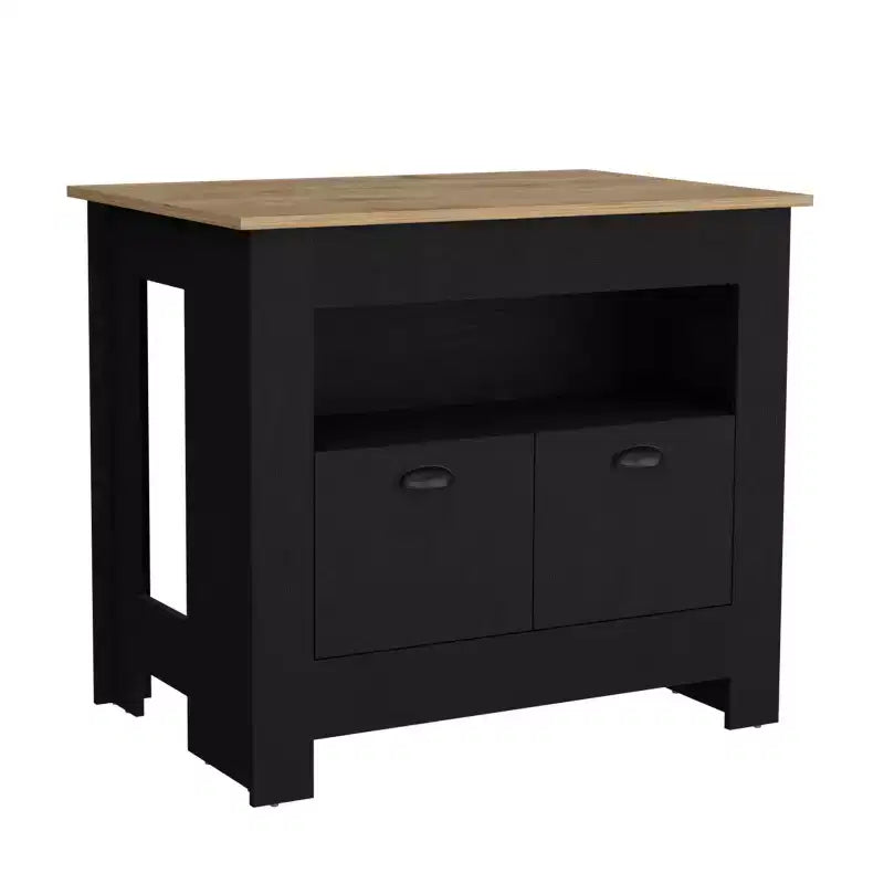 Îlot de cuisine minimaliste Okak avec grand espace de rangement, îlot de cuisine avec 2 portes et 3 étagères, organisateur de comptoir pour salle à manger