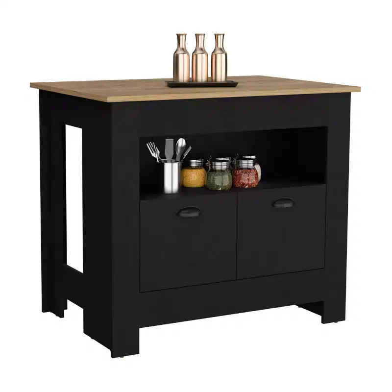 Îlot de cuisine minimaliste Okak avec grand espace de rangement, îlot de cuisine avec 2 portes et 3 étagères, organisateur de comptoir pour salle à manger
