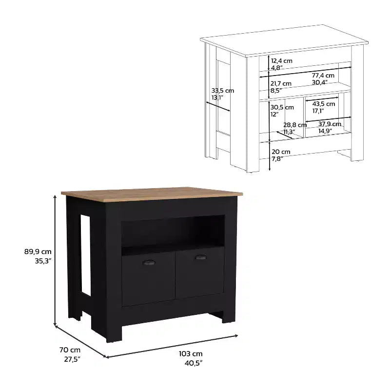 Îlot de cuisine minimaliste Okak avec grand espace de rangement, îlot de cuisine avec 2 portes et 3 étagères, organisateur de comptoir pour salle à manger