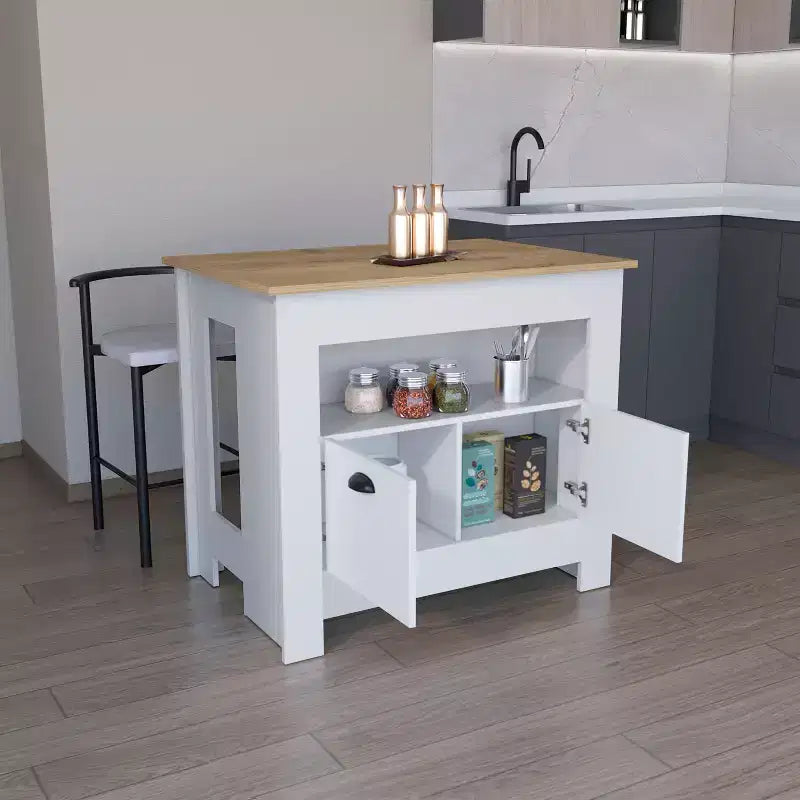 Îlot de cuisine minimaliste Okak avec grand espace de rangement, îlot de cuisine avec 2 portes et 3 étagères, organisateur de comptoir pour salle à manger
