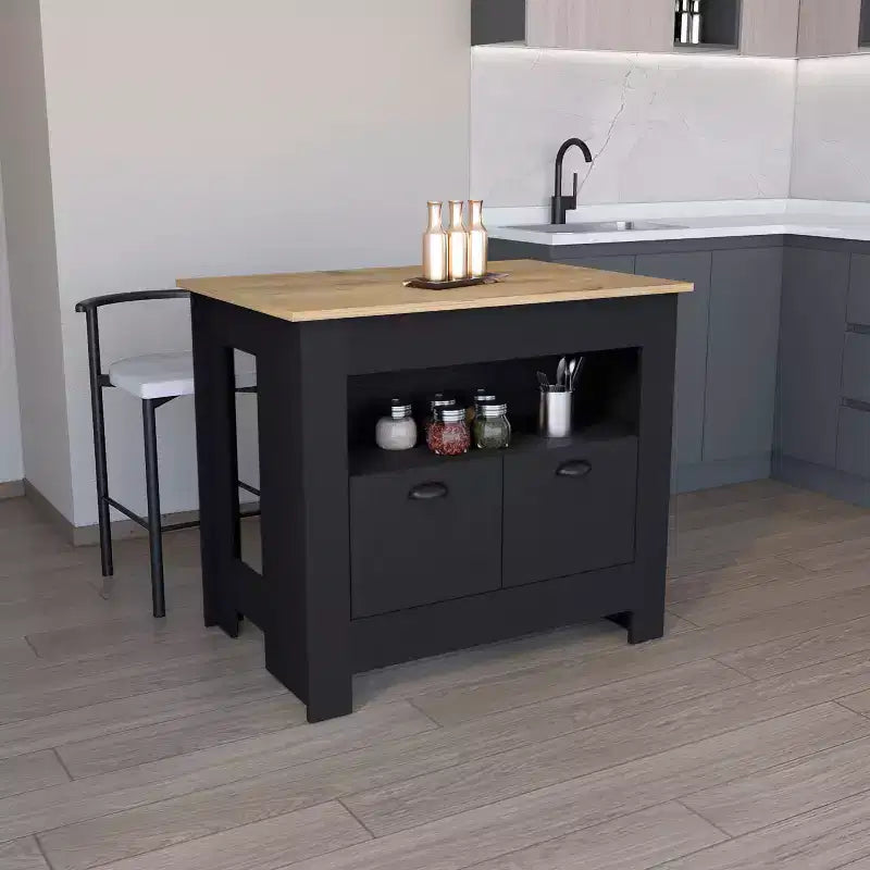 Îlot de cuisine minimaliste Okak avec grand espace de rangement, îlot de cuisine avec 2 portes et 3 étagères, organisateur de comptoir pour salle à manger