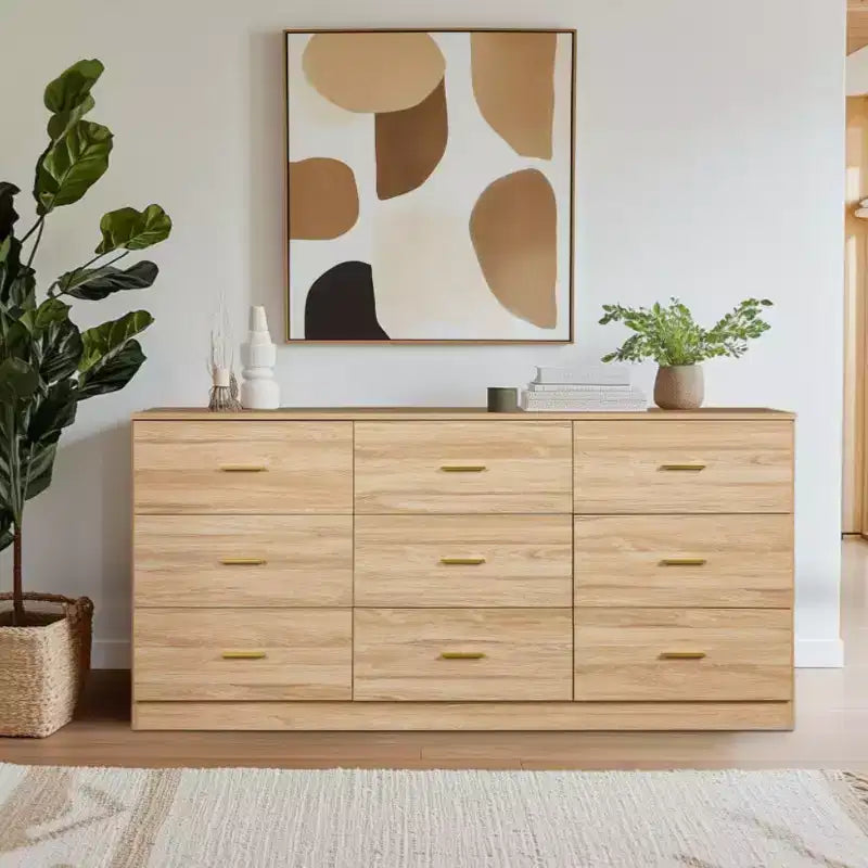 Modern Hardwood Bedroom Dresser with 9 Drawers - Spacious Storage Space, Large Drawers, Sturdy and Secure, Suitable for living Room and Bedroom.