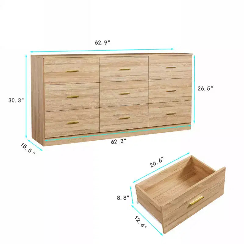 Modern Hardwood Bedroom Dresser with 9 Drawers - Spacious Storage Space, Large Drawers, Sturdy and Secure, Suitable for living Room and Bedroom.