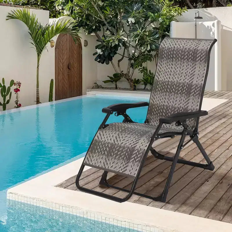 1 PCS Patio Rattan Reclining Folding Chair, Adjustable & Portable Lounge Chair, Iron Pipe Frame