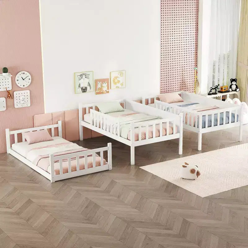 Lit superposé triple MAYEERTY en bois d'hévéa, taille double, avec échelles, barrières de sécurité, lit superposé détachable pour chambre à coucher, blanc