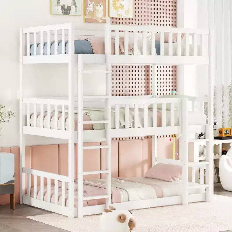 Lit superposé triple MAYEERTY en bois d'hévéa, taille double, avec échelles, barrières de sécurité, lit superposé détachable pour chambre à coucher, blanc