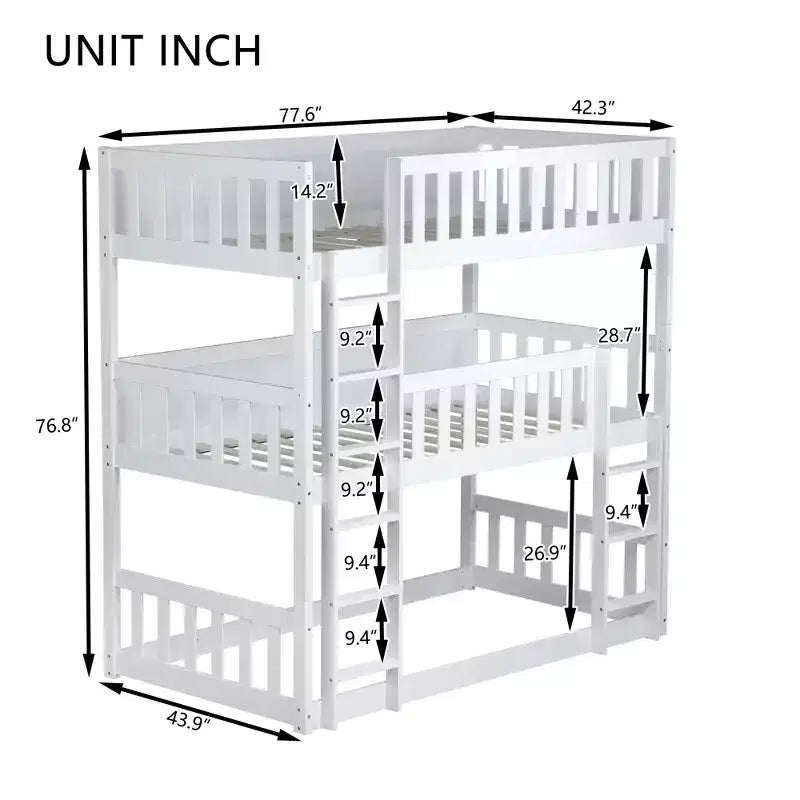 Lit superposé triple MAYEERTY en bois d'hévéa, taille double, avec échelles, barrières de sécurité, lit superposé détachable pour chambre à coucher, blanc