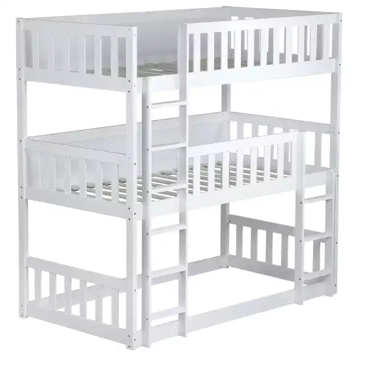 Lit superposé triple MAYEERTY en bois d'hévéa, taille double, avec échelles, barrières de sécurité, lit superposé détachable pour chambre à coucher, blanc